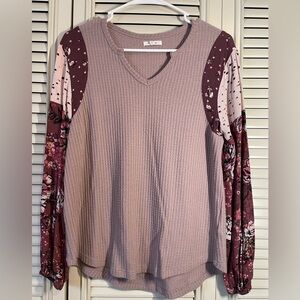 Maurices Mauve and Floral Long Sleeve V-Neck Top